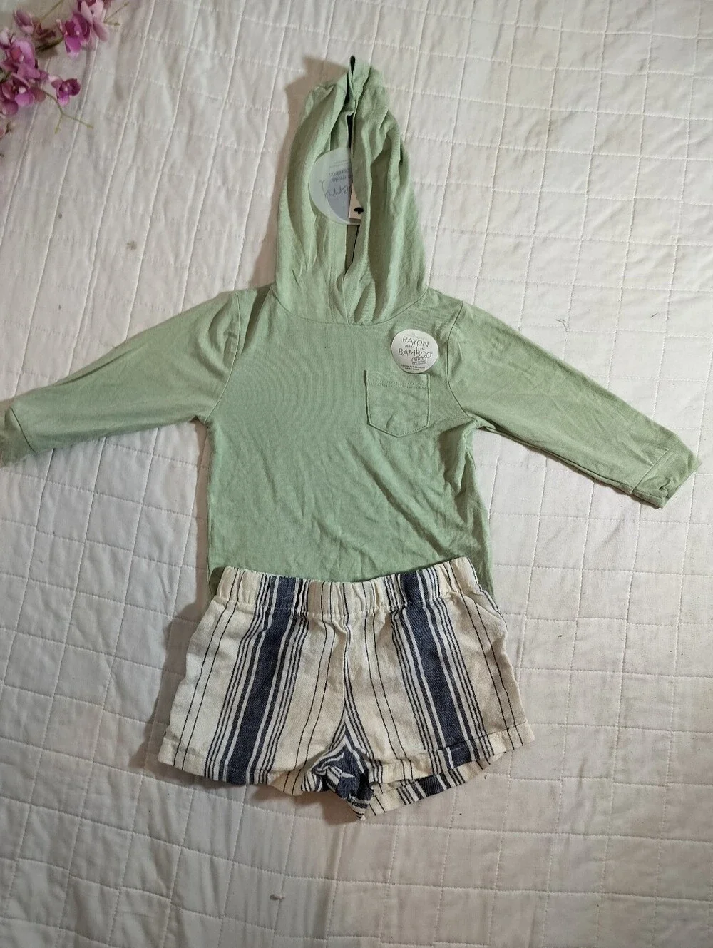 Green Hooded Top and Striped Shorts